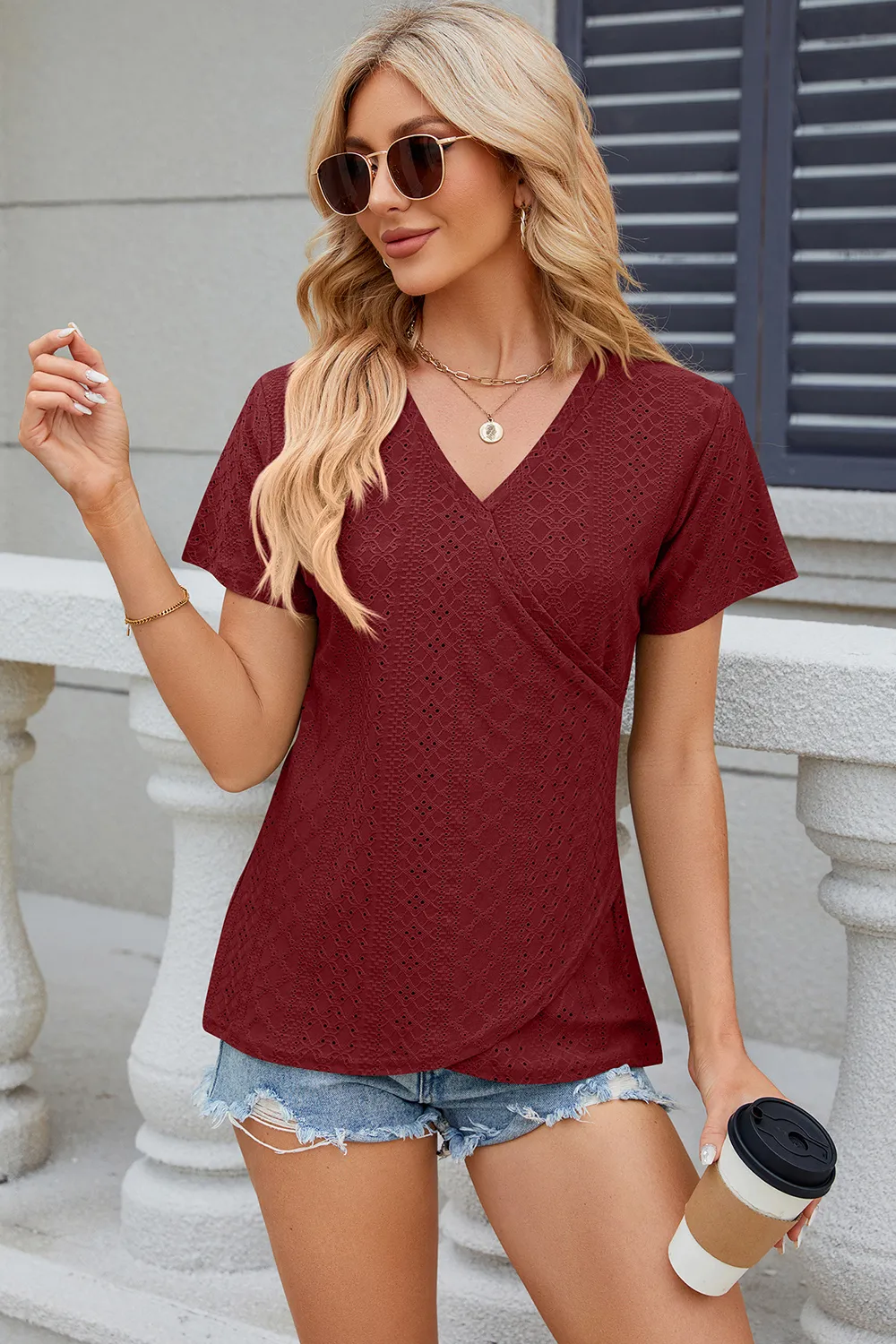 Eyelet Surplice Short Sleeve T-Shirt, image 5