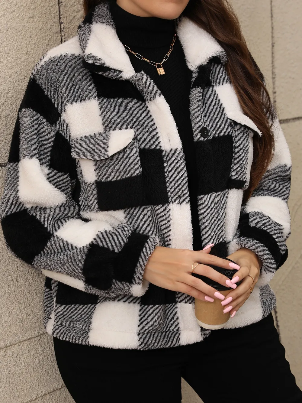 Plus Size Pocketed Plaid Collared Neck Jacket, image 4