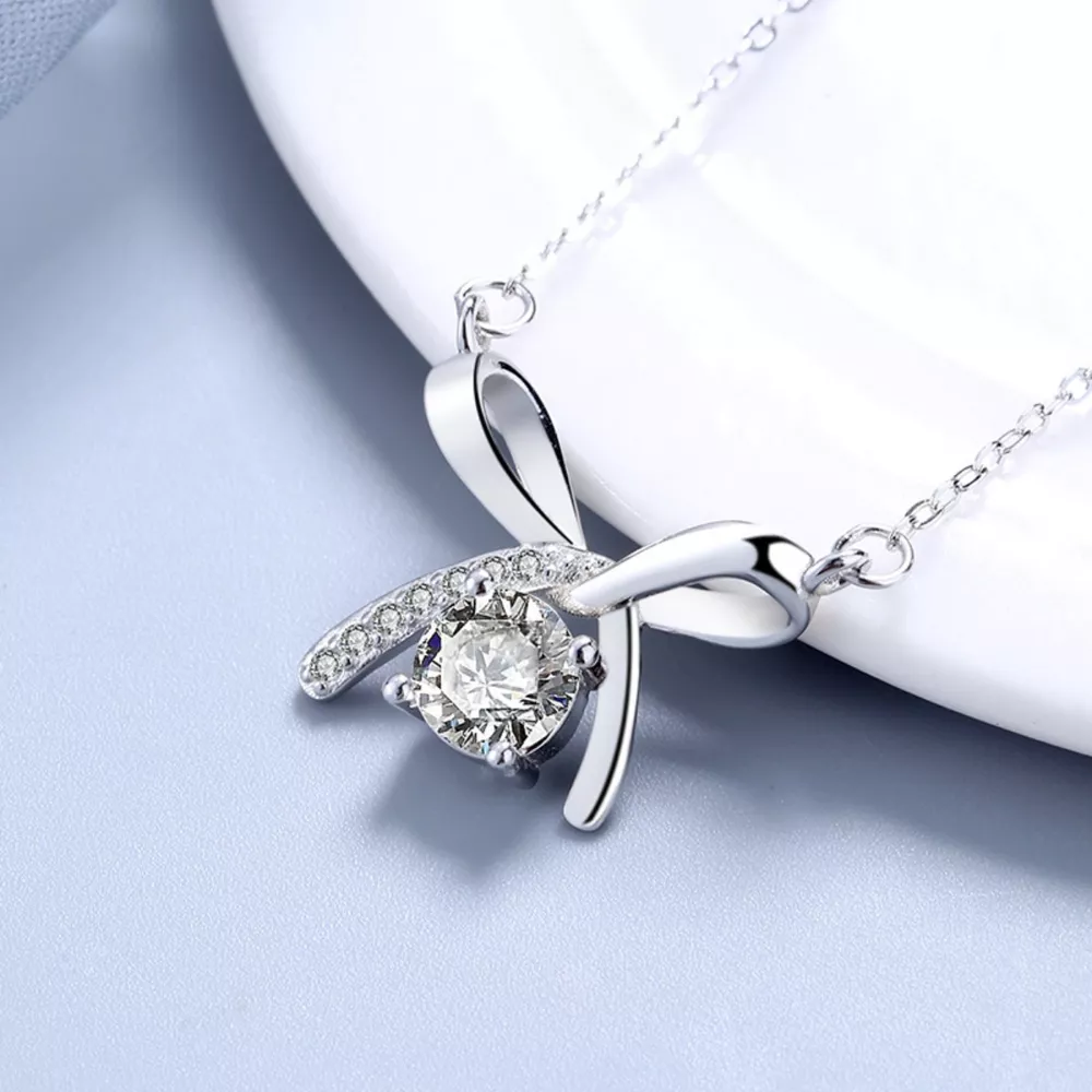 925 Sterling Silver Zircon Ribbon Pendant Necklace