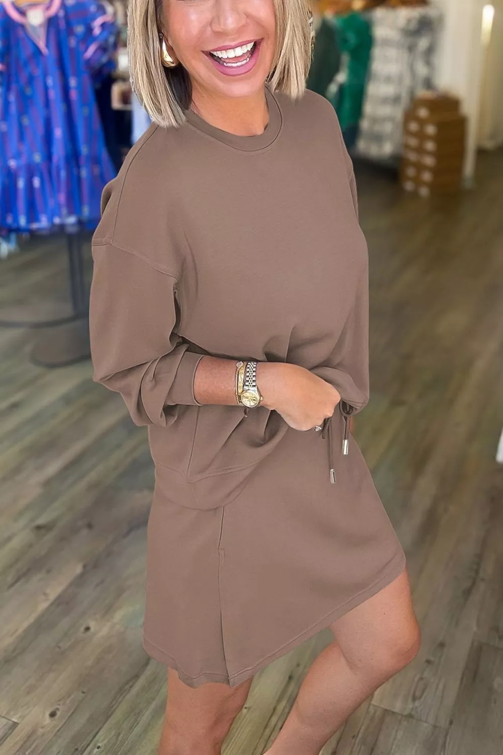 Solid Color Drop Shoulder Pullover Drawstring Mini Skirt 2pcs Outfit, image 2