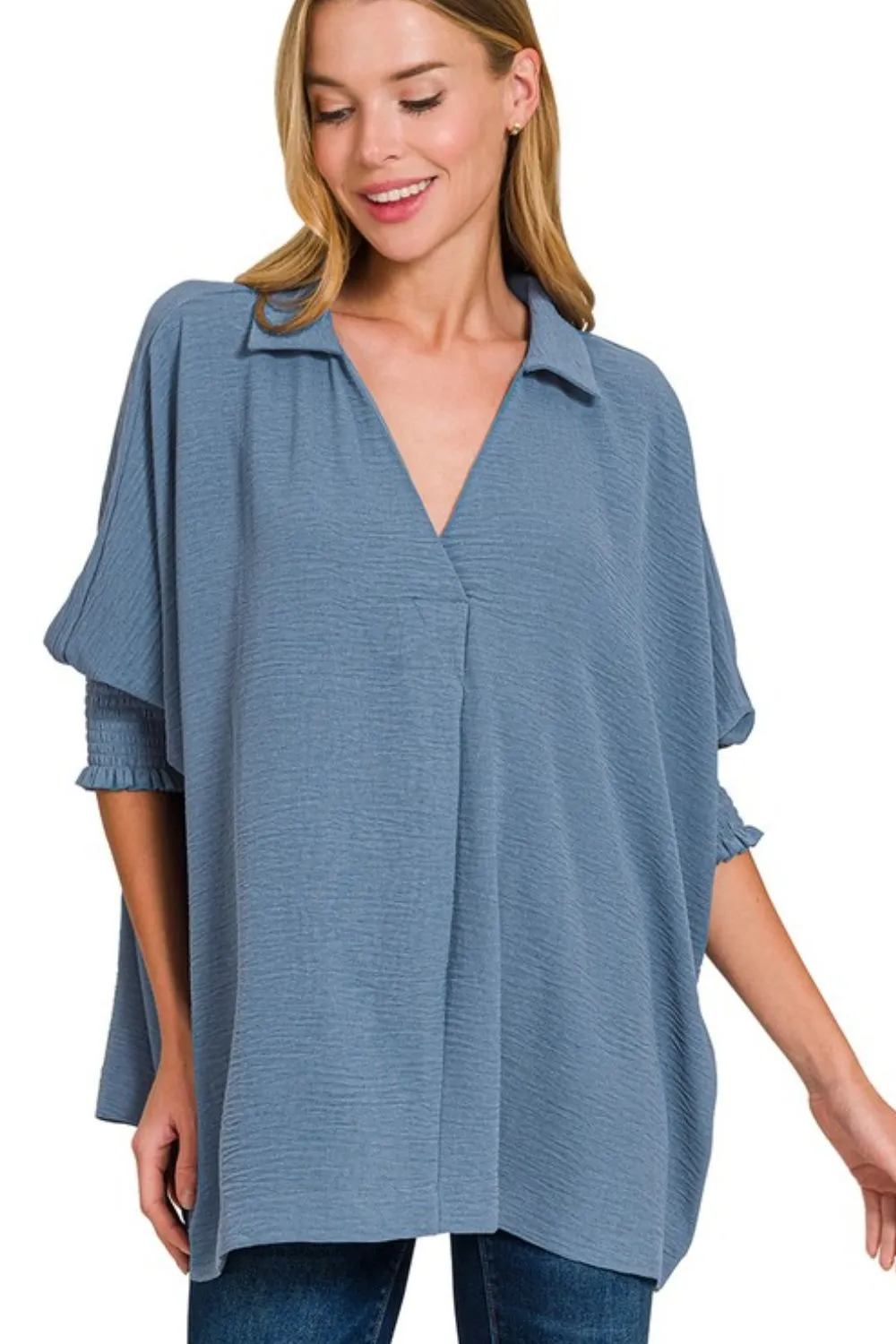 Airflow Collar Tee with Smocked Sleeve Band Top