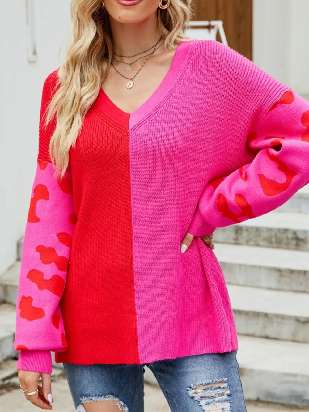 Color Block Leopard V-Neck Sweater, image 2