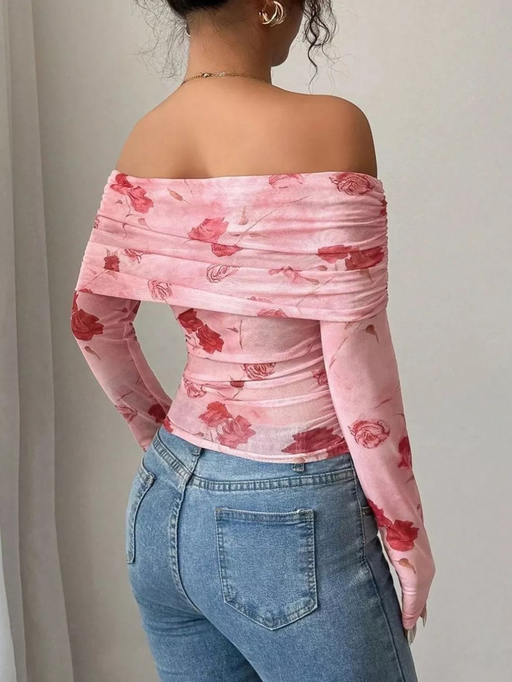 Floral Print Off-Shoulder Mesh Top, image 4