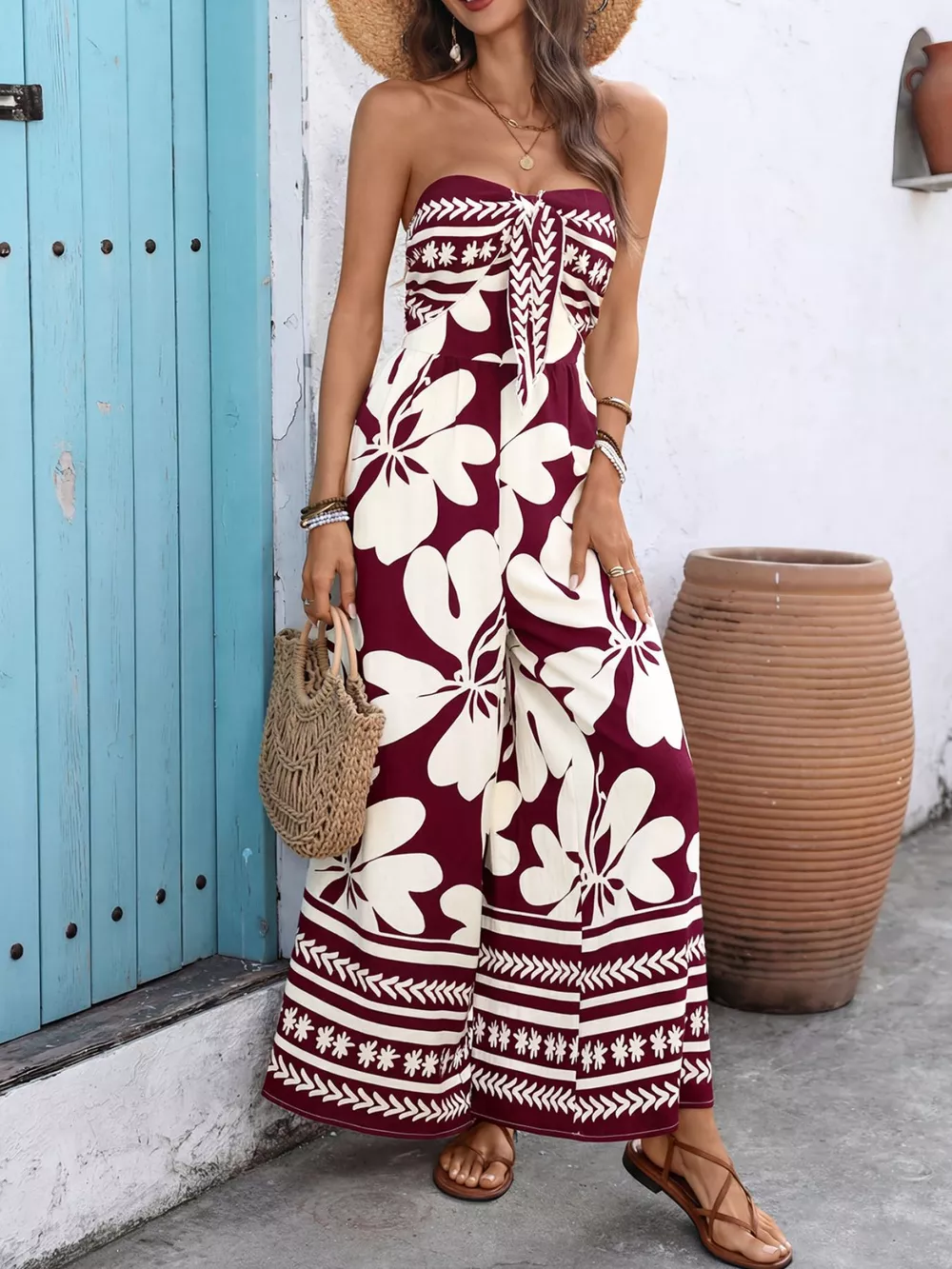 Floral Print Tie Front Strapless Wide Leg Jumpsuit, image 9