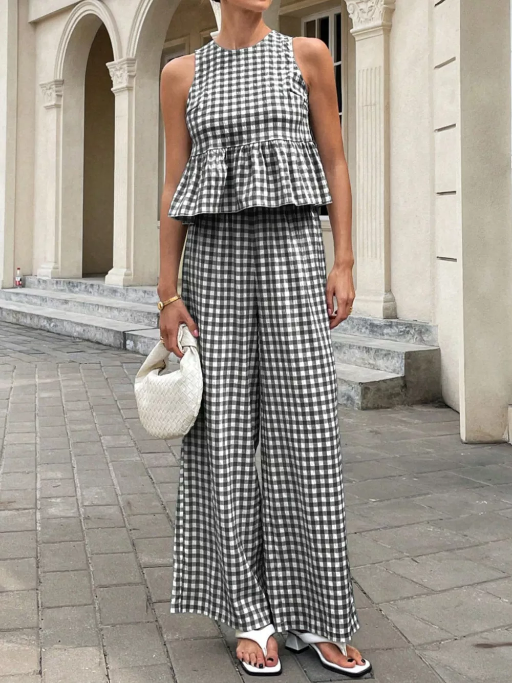 Gingham Sleeveless Top and Wide-Leg Pants Set, image 7