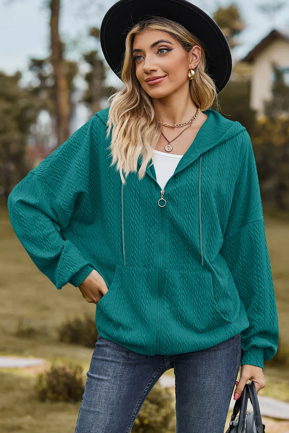 Drawstring Zip Up Dropped Shoulder Hoodie, image 5