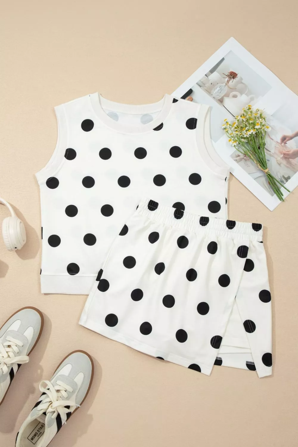 Ribbed Trim Polka Dot Print Tank Split Mini Skort 2pcs Set, image 9