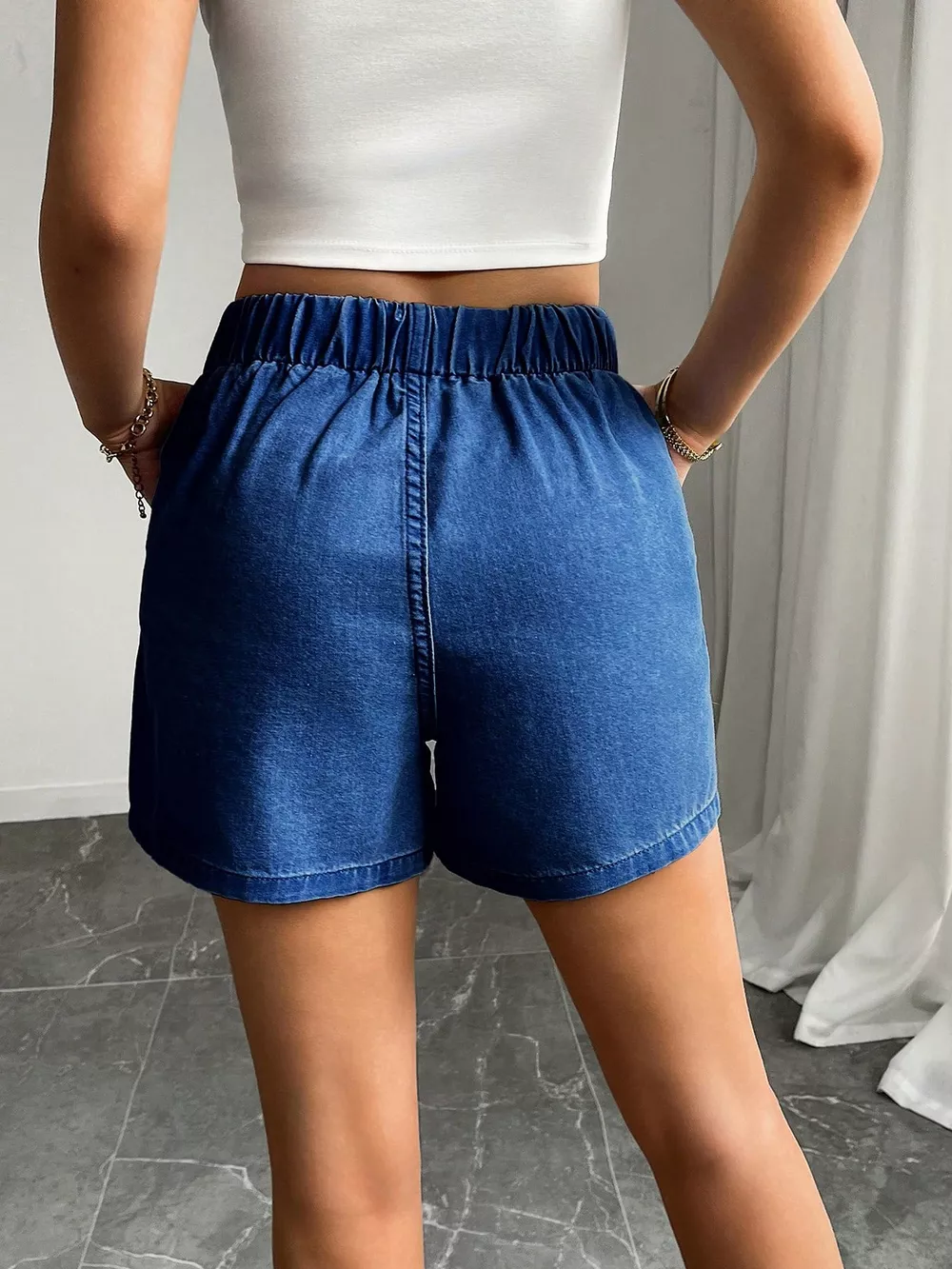 Drawstring High Waist Denim Shorts, image 12