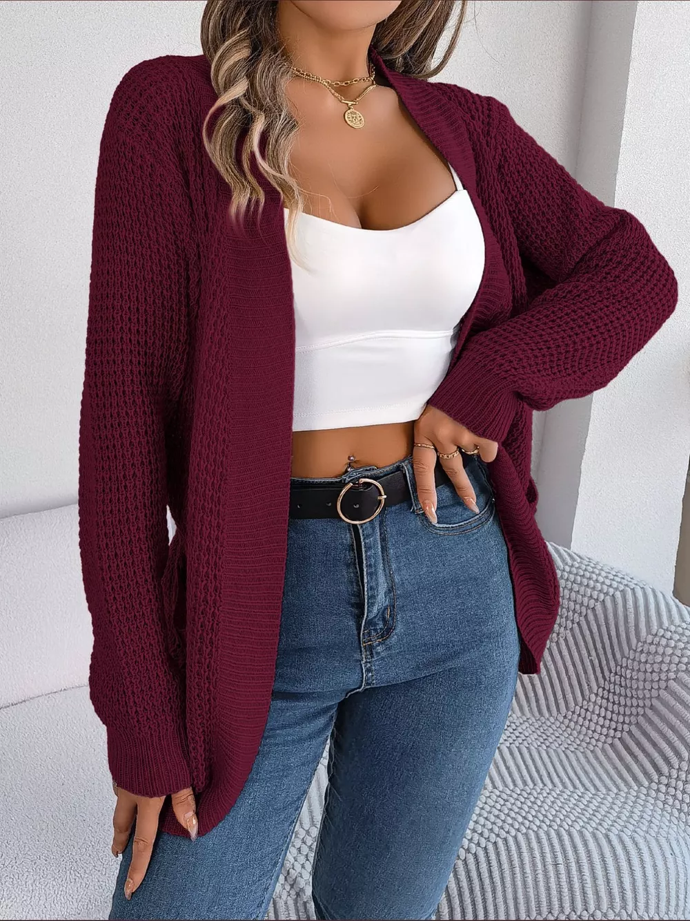 Chunky Knit Open Front Cardigan with Pockets, image 12