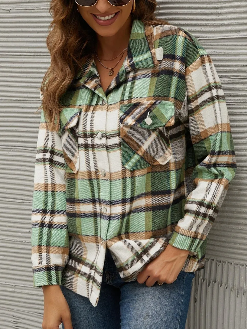 Plaid Collared Neck Long Sleeve Jacket, image 3