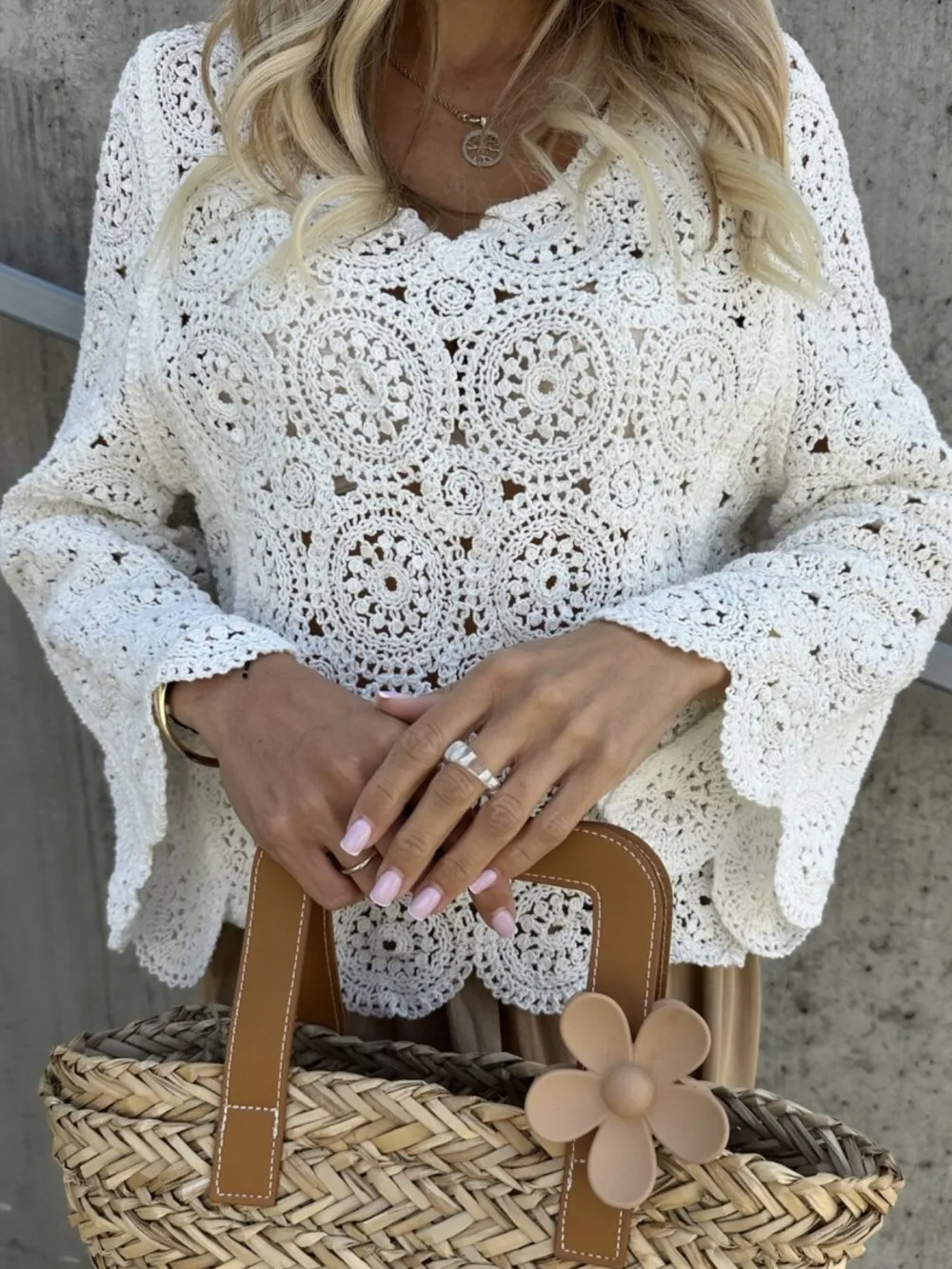 Crochet Lace V-Neck Bell Sleeve Knit Top, image 17
