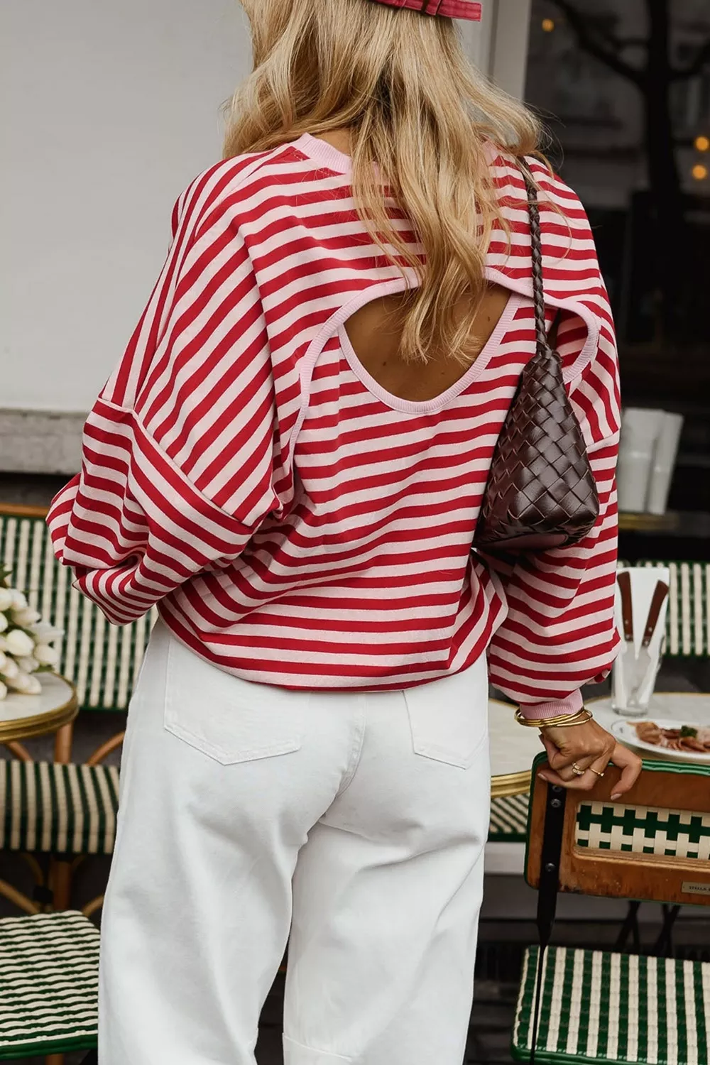 Cutout Back Striped Round Neck Sweatshirt, image 4