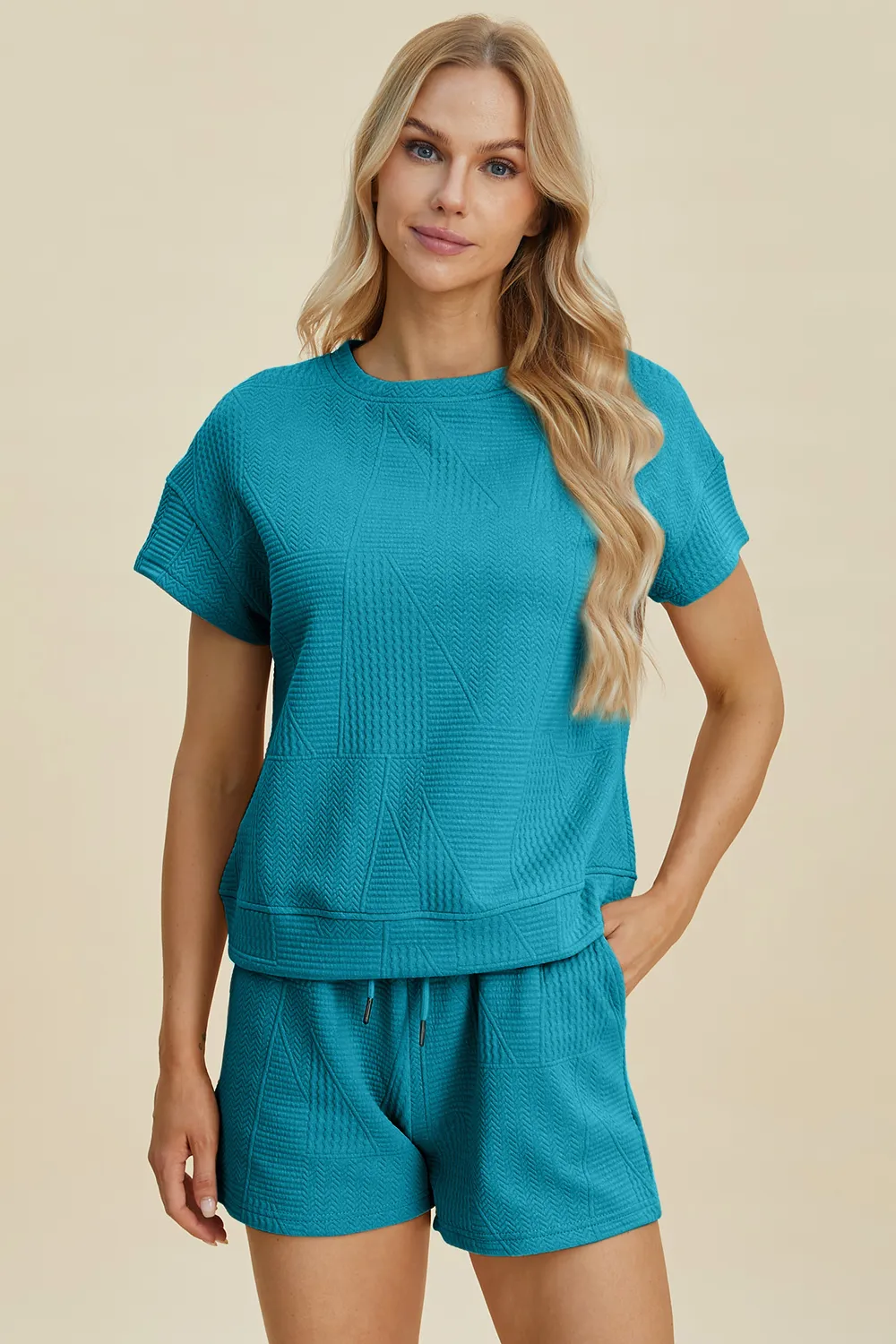Full Size Texture Short Sleeve Top and Shorts Set, image 10
