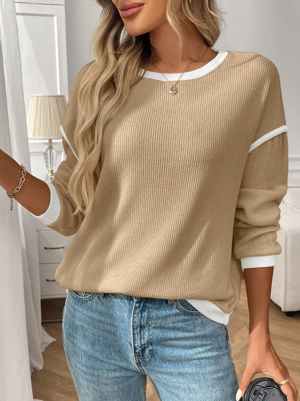 Ribbed Contrast Trim Long Sleeve Top, image 13