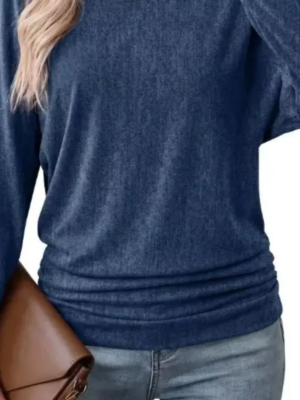 Long Sleeve Crew Neck Casual T-Shirt with Ruched Hem, image 22