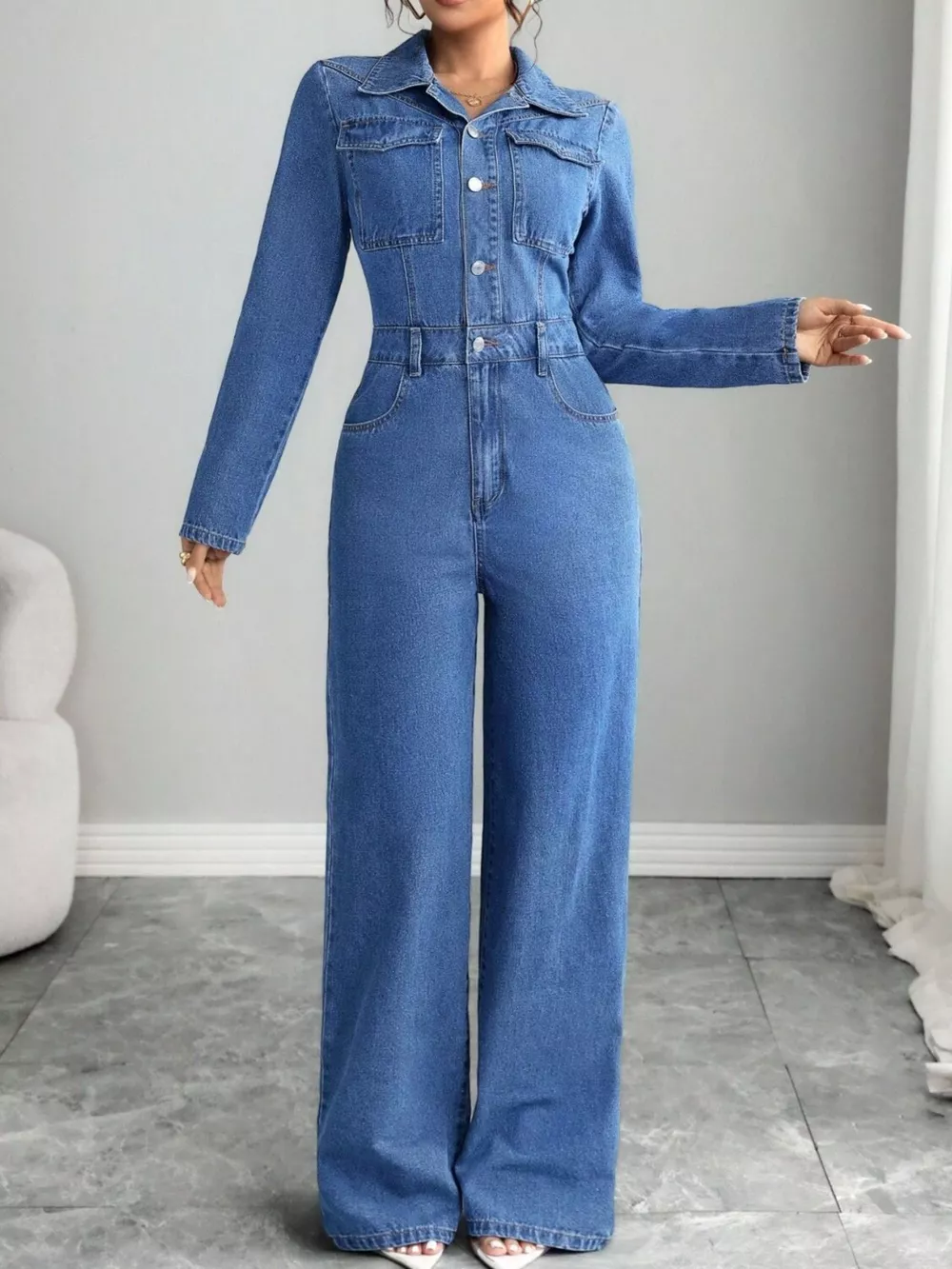 Button Front Long Sleeve Denim Jumpsuit, image 5