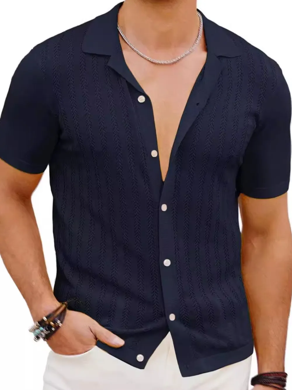 Men's Full Size Openwork Button Down Short Sleeve Shirt Plus Size, image 3