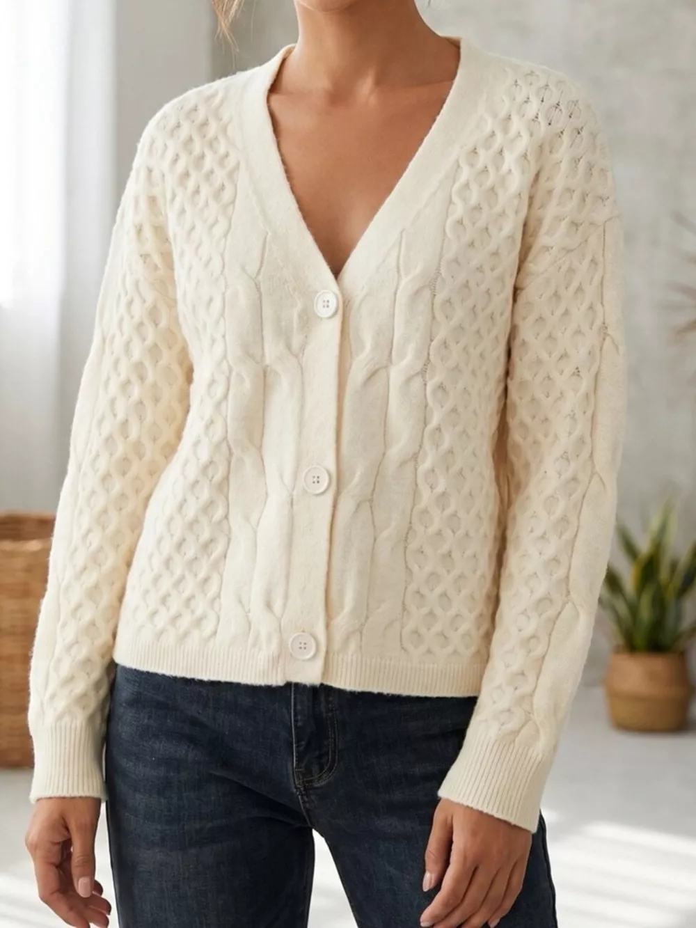 Cable-Knit V-Neck Button-Down Cardigan, image 3