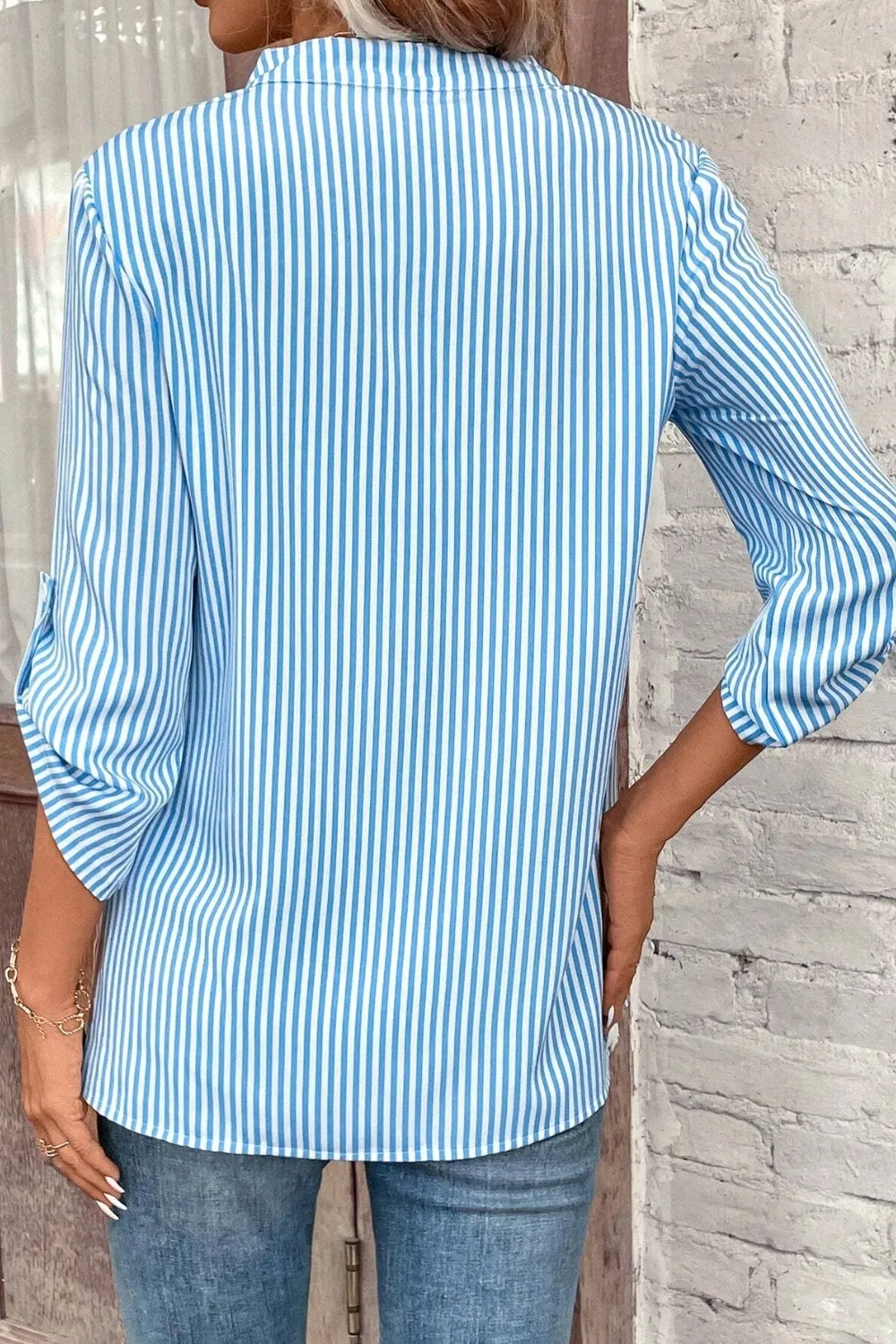 Striped Notched Roll-Tab Sleeve Shirt, image 13