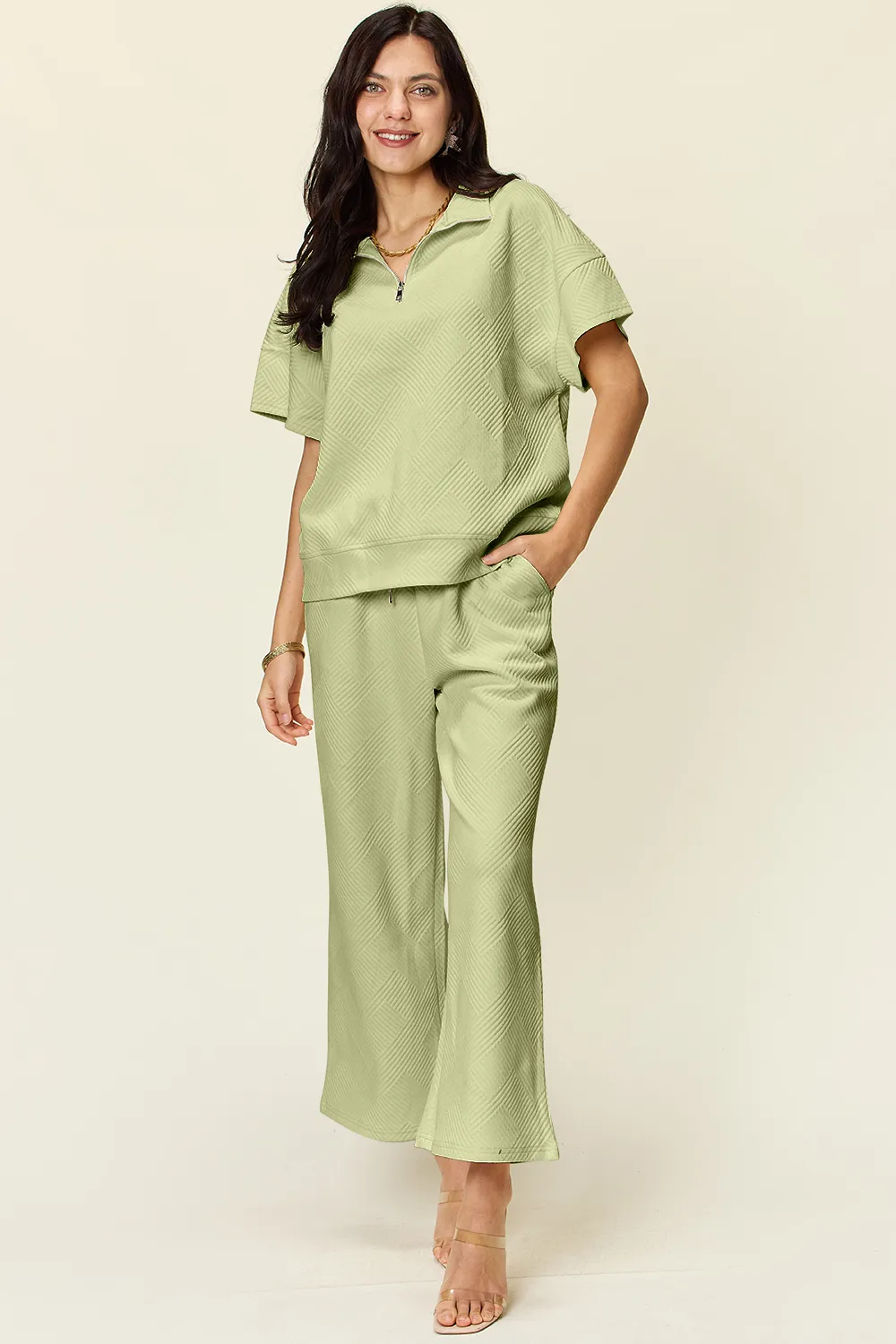 Full Size Texture Half Zip Short Sleeve Top and Pants Set, image 4