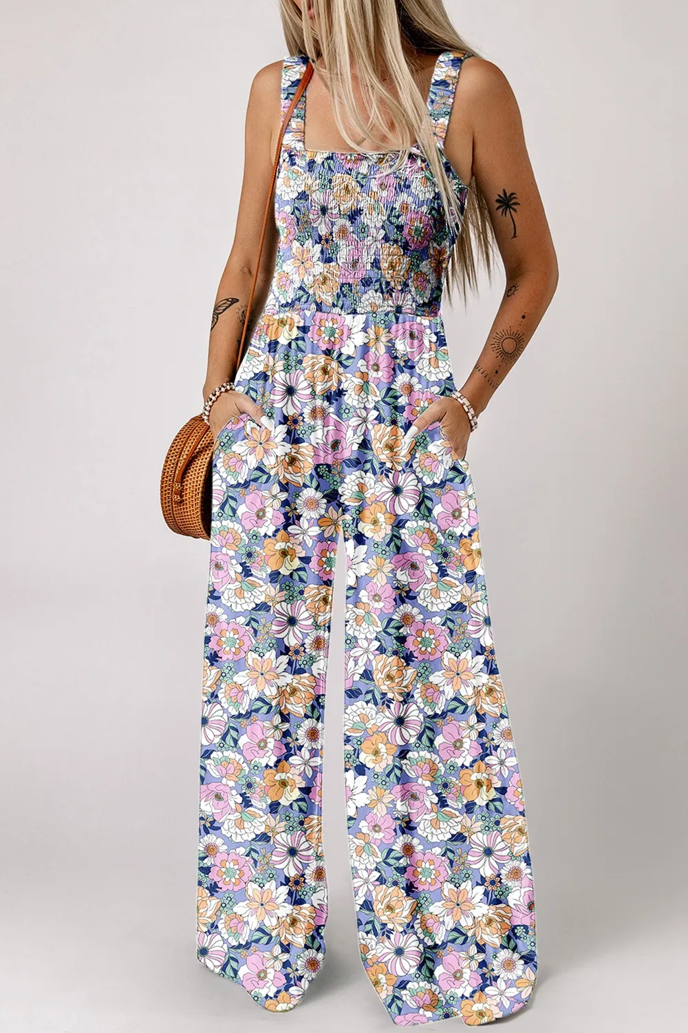 Floral Print Smocked High Waist Square Neck Jumpsuit, image 6