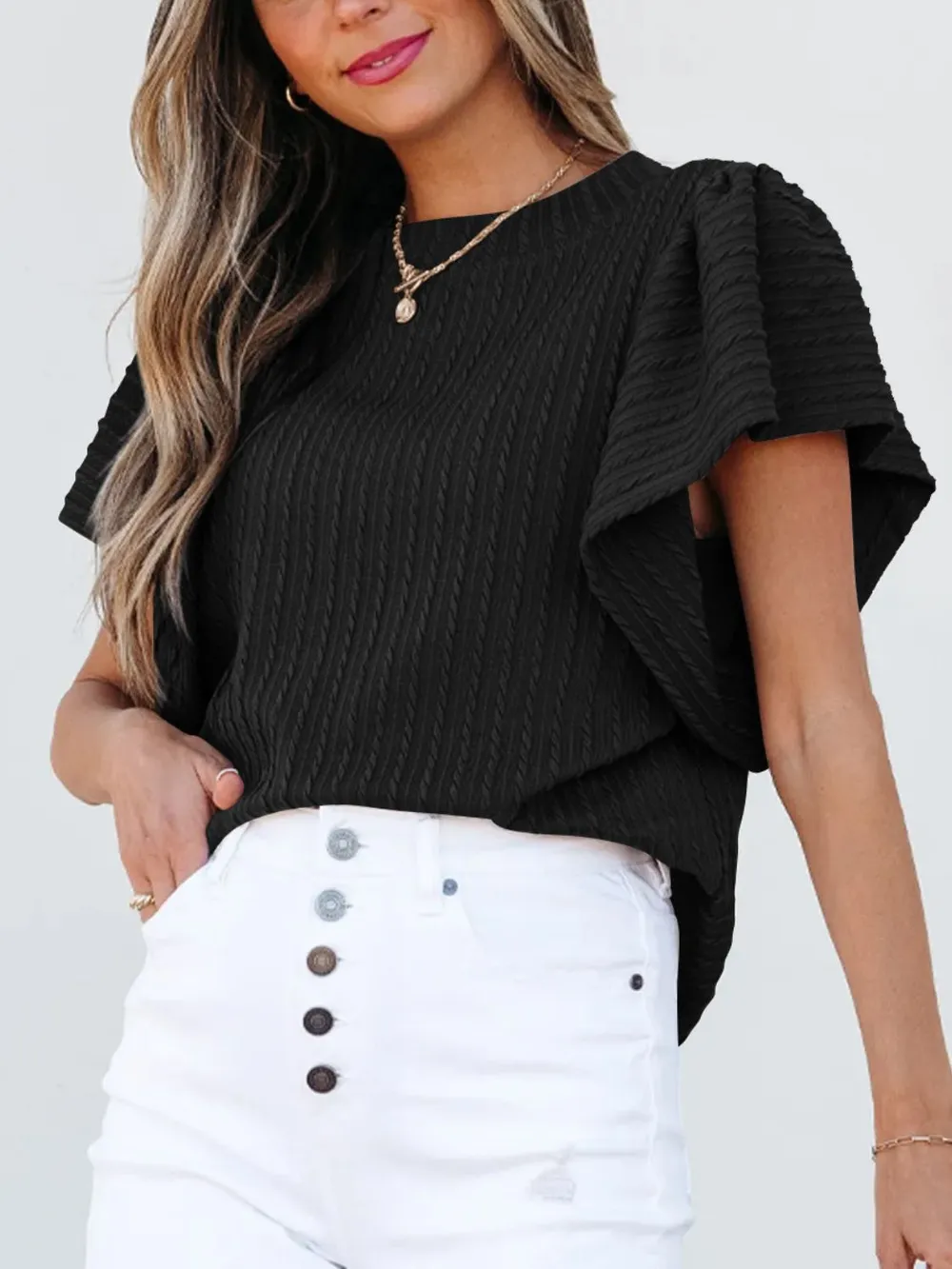 Round Neck Ruffle Sleeve Top, image 9