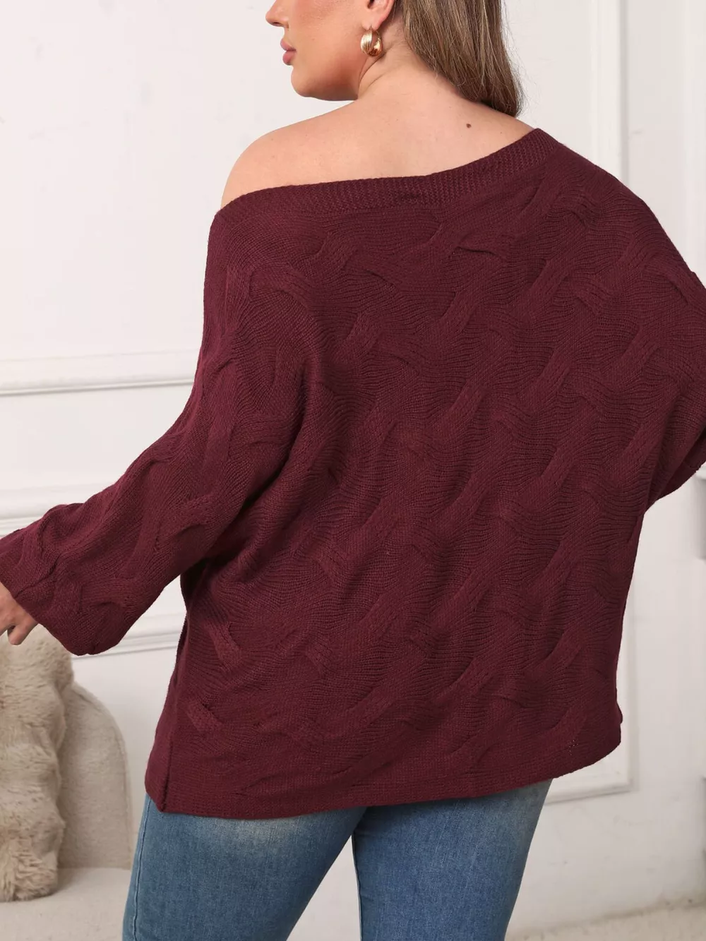 Plus Size One-Shoulder Floral Applique Sweater, image 6