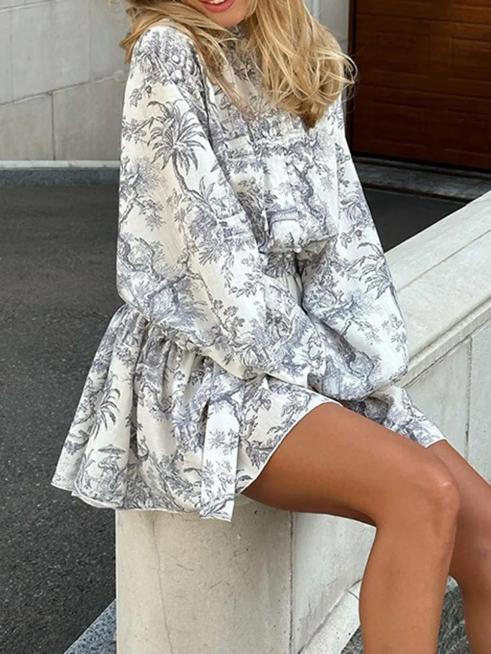 Printed Balloon Sleeve Tie Waist Dress, image 5