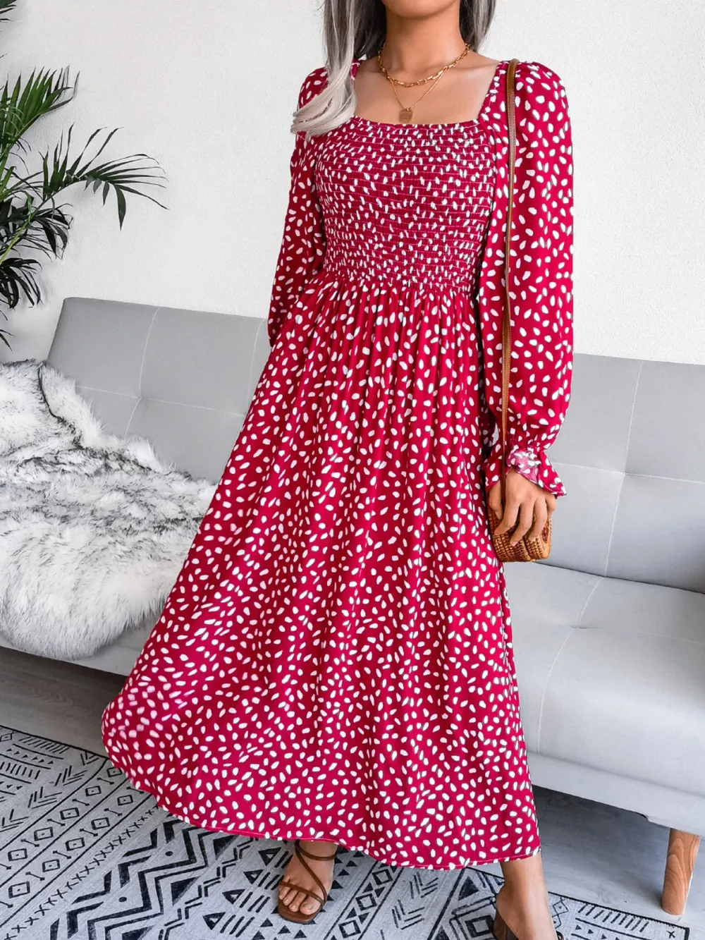 Smocked Square Neck Flounce Sleeve Dress, image 10
