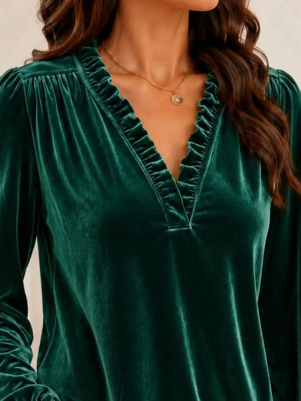 V-Neck Ruffle Trim Velvet Blouse, image 14