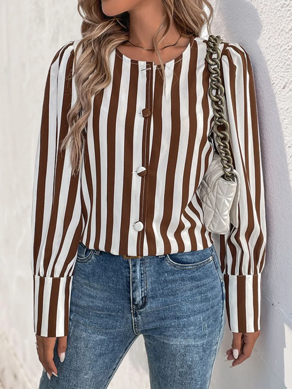 Striped Round Neck Long Sleeve Blouse, image 3