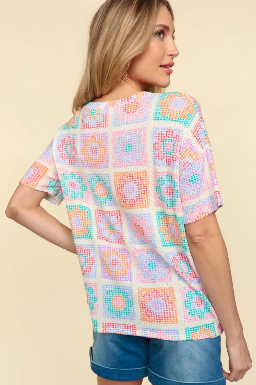 Flower Print Round Neck Short Sleeve T-Shirt, image 3