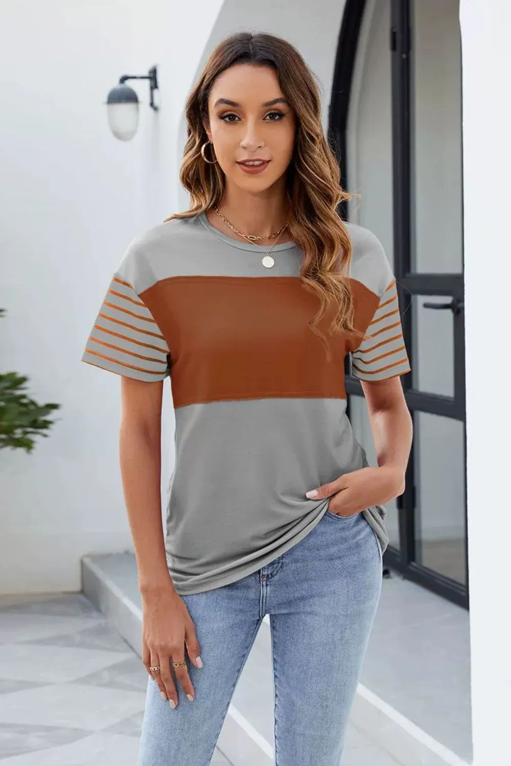 Color Block Round Neck Short Sleeve T-Shirt, image 9