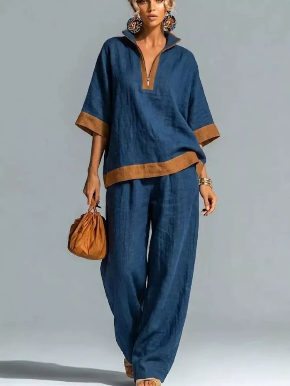 Full Size Contrast Trim Top and Wide Leg Pants Set Plus Size, image 10