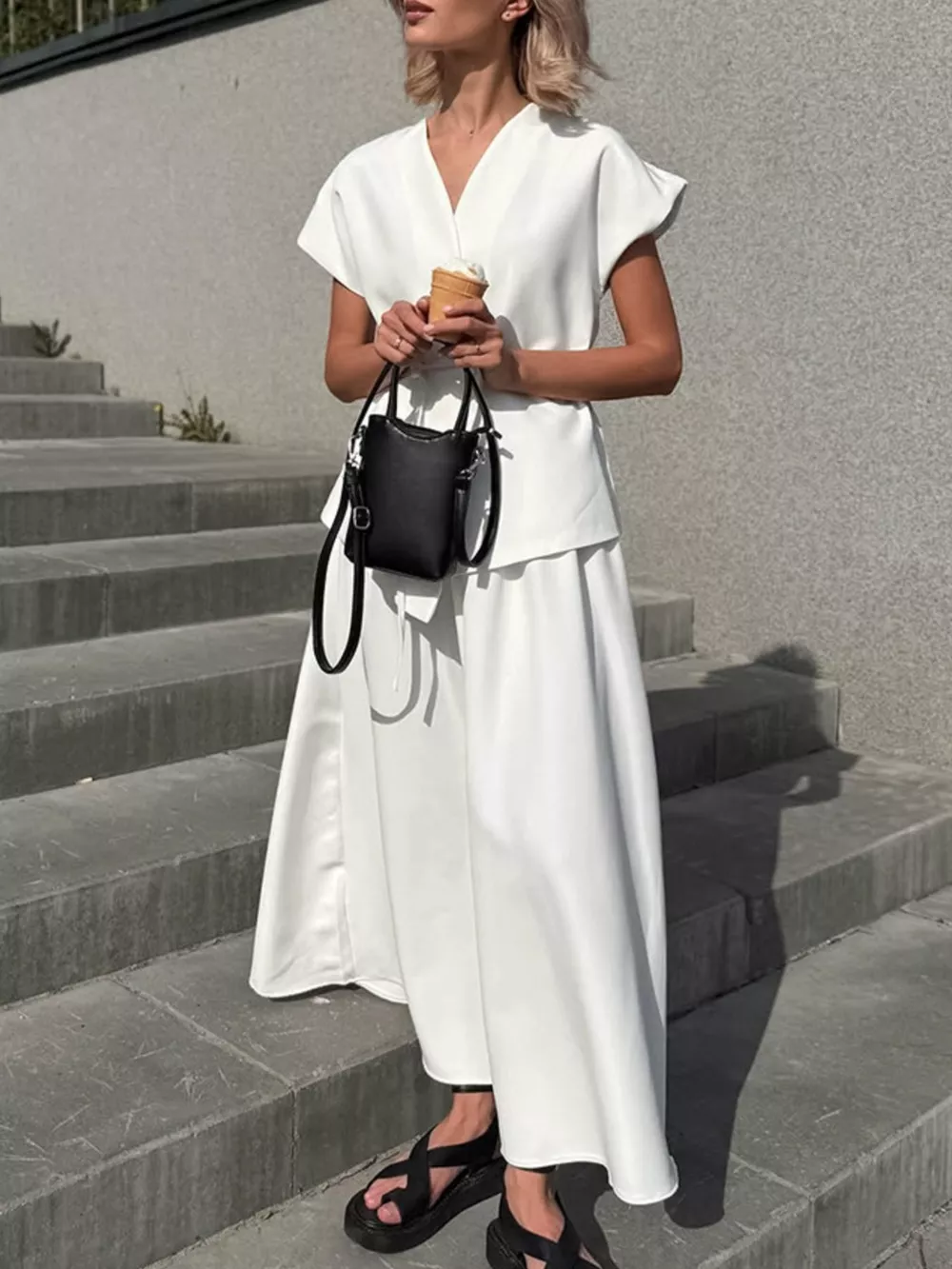 One Button Short Sleeve Top and Skirt Set, image 3
