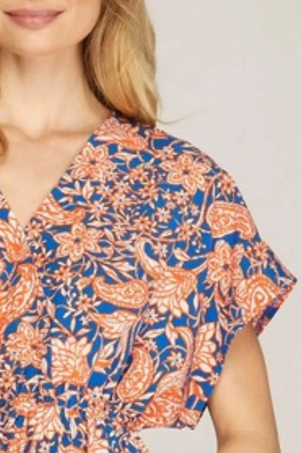 Full Size Ruffled Hem Printed Surplice Kimono Sleeve Mini Dress Plus Size, image 3