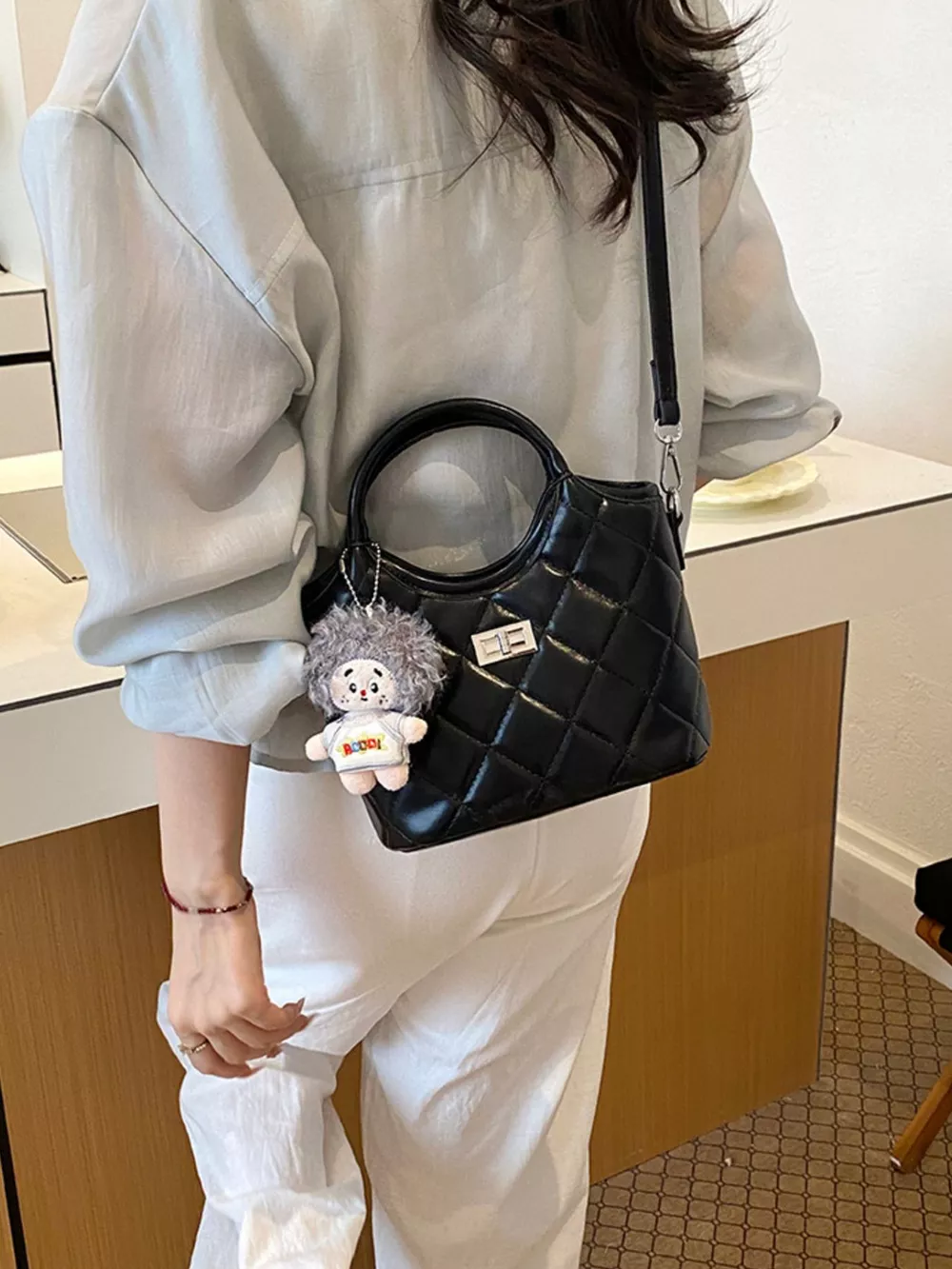Quilted Crossbody Bag with Plush Charm, image 7