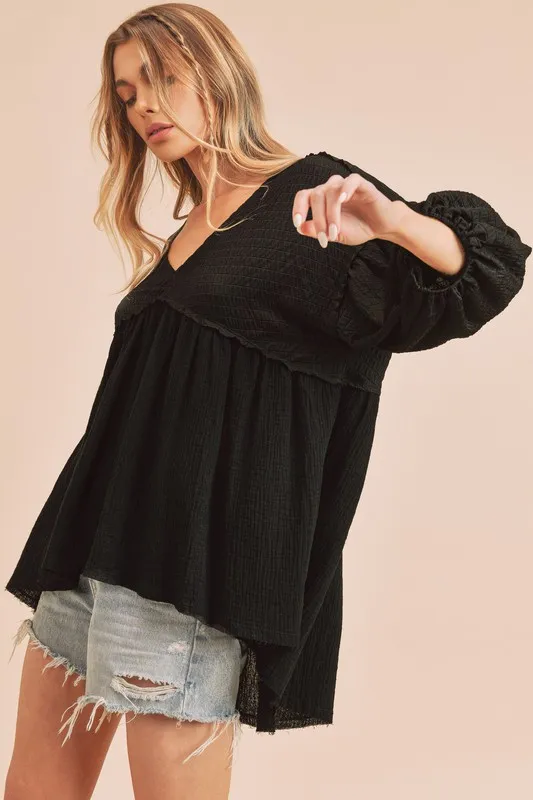 High-Low Frayed Hem V-Neck Blouse, image 2