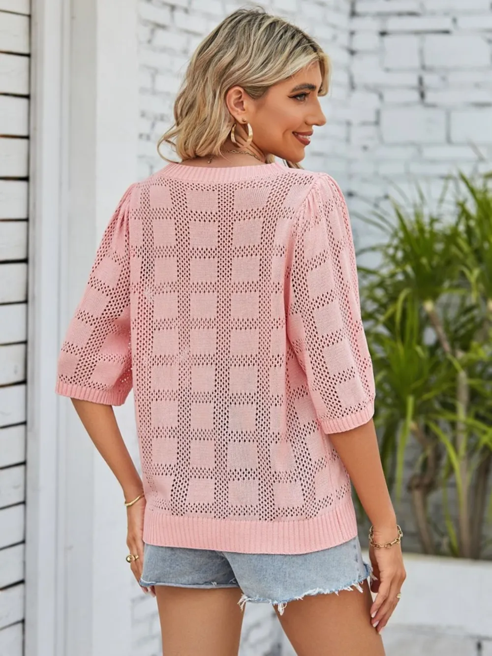 Openwork Round Neck Knit Top, image 7