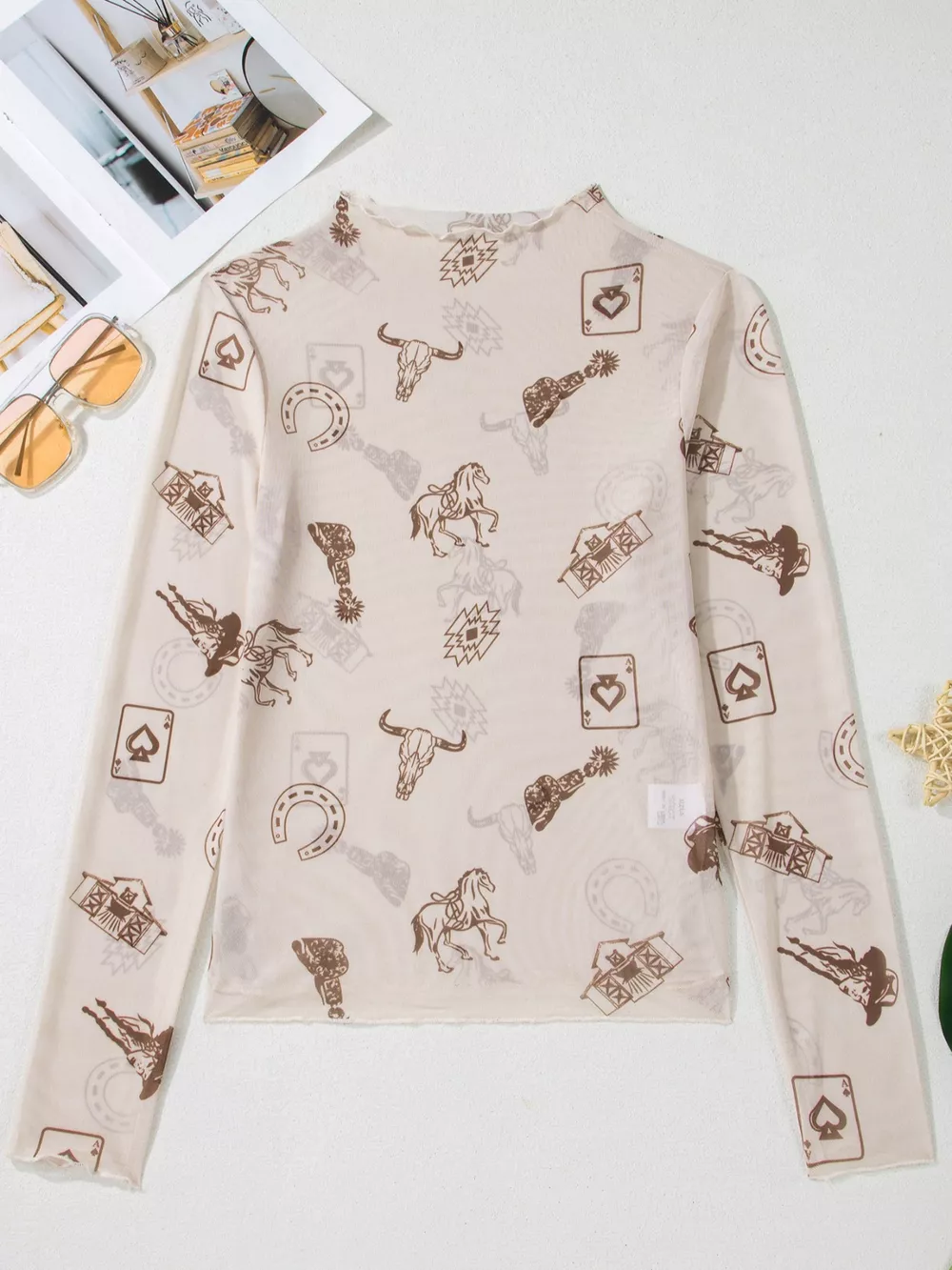 Western Print Slim Fit Mesh Long Sleeve Mock Neck Top, image 3