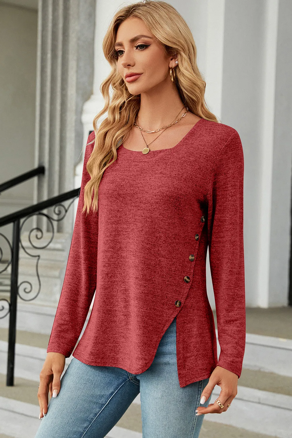 Slit Decorative Button Square Neck T-Shirt, image 4