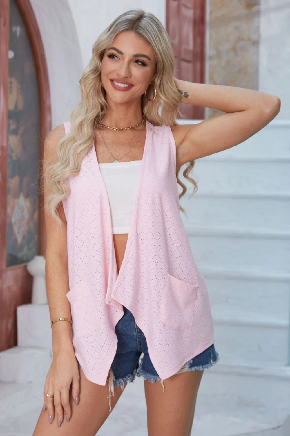 Eyelet Open Front Sleeveless Cardigan, image 13