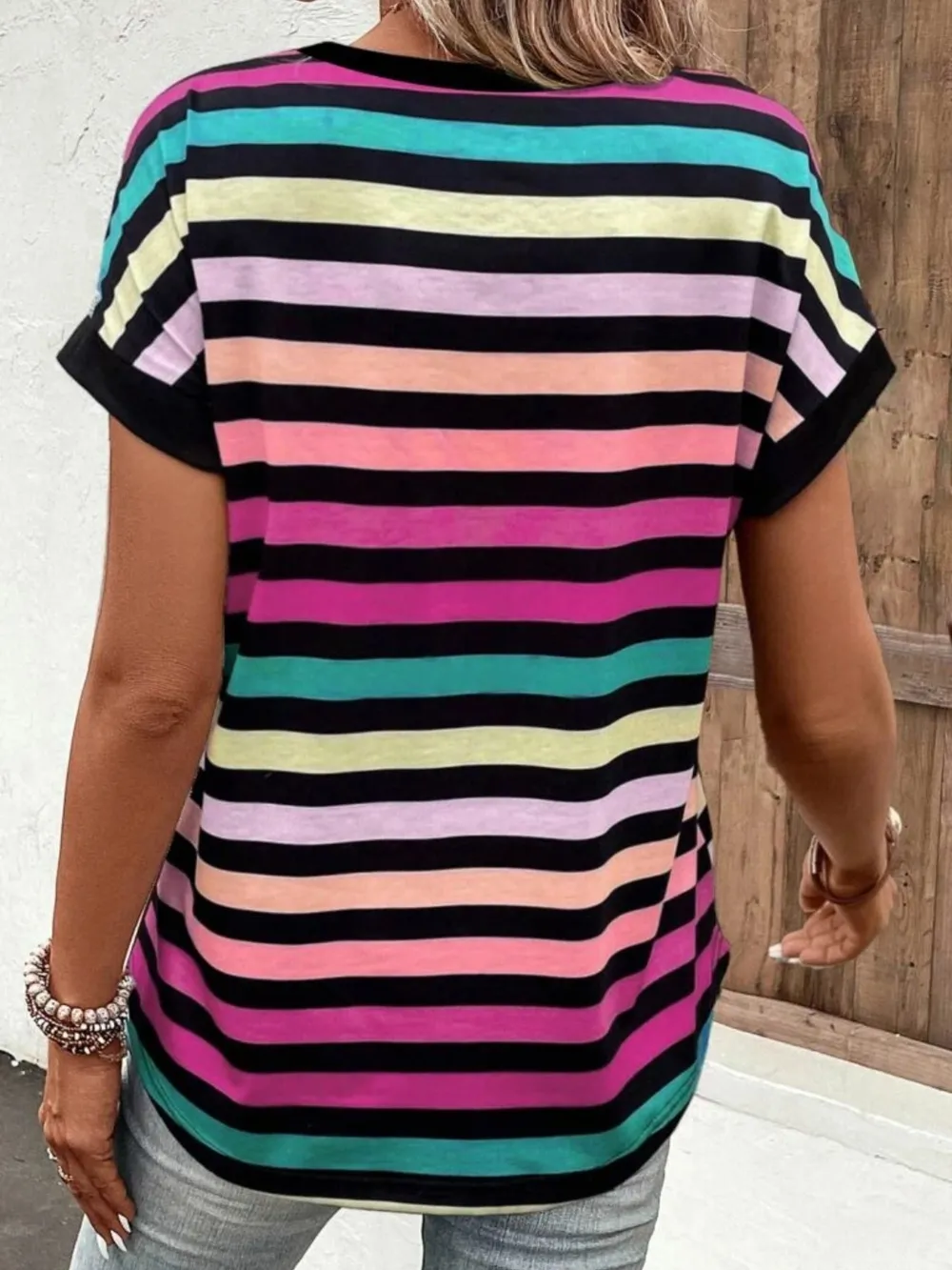 Striped V-Neck Short Sleeve T-Shirt, image 2
