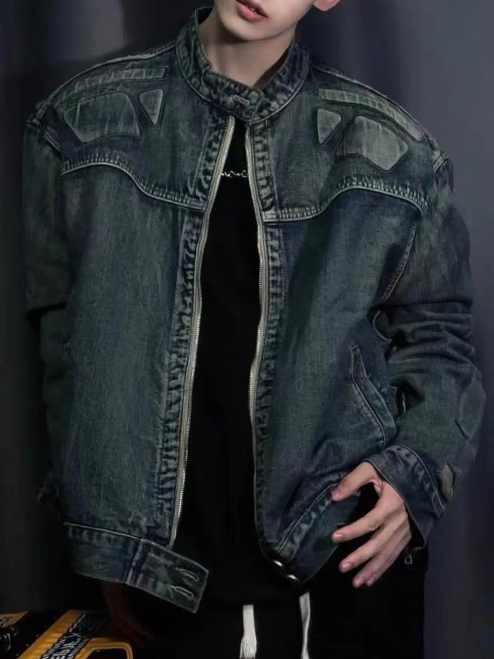Men's Full Size Zip Up Washed Oversized Denim Jacket Plus Size, image 4