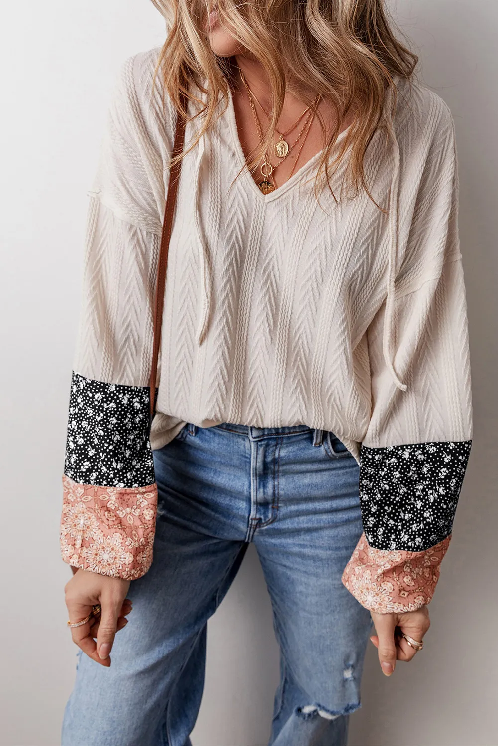 Color Block Tie Neck Long Sleeve Top, image 3
