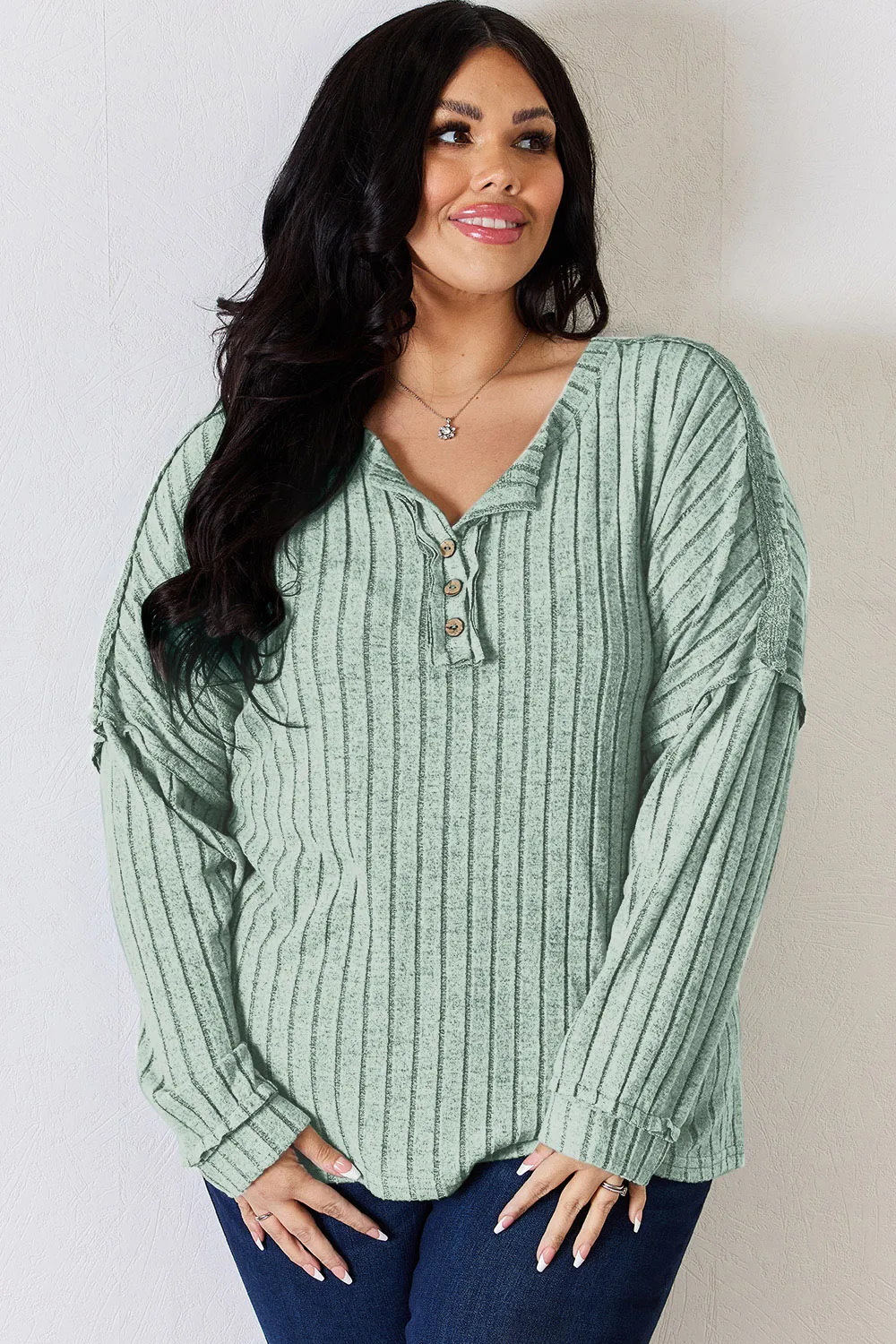 Full Size Ribbed Half Button Long Sleeve T-Shirt, image 8