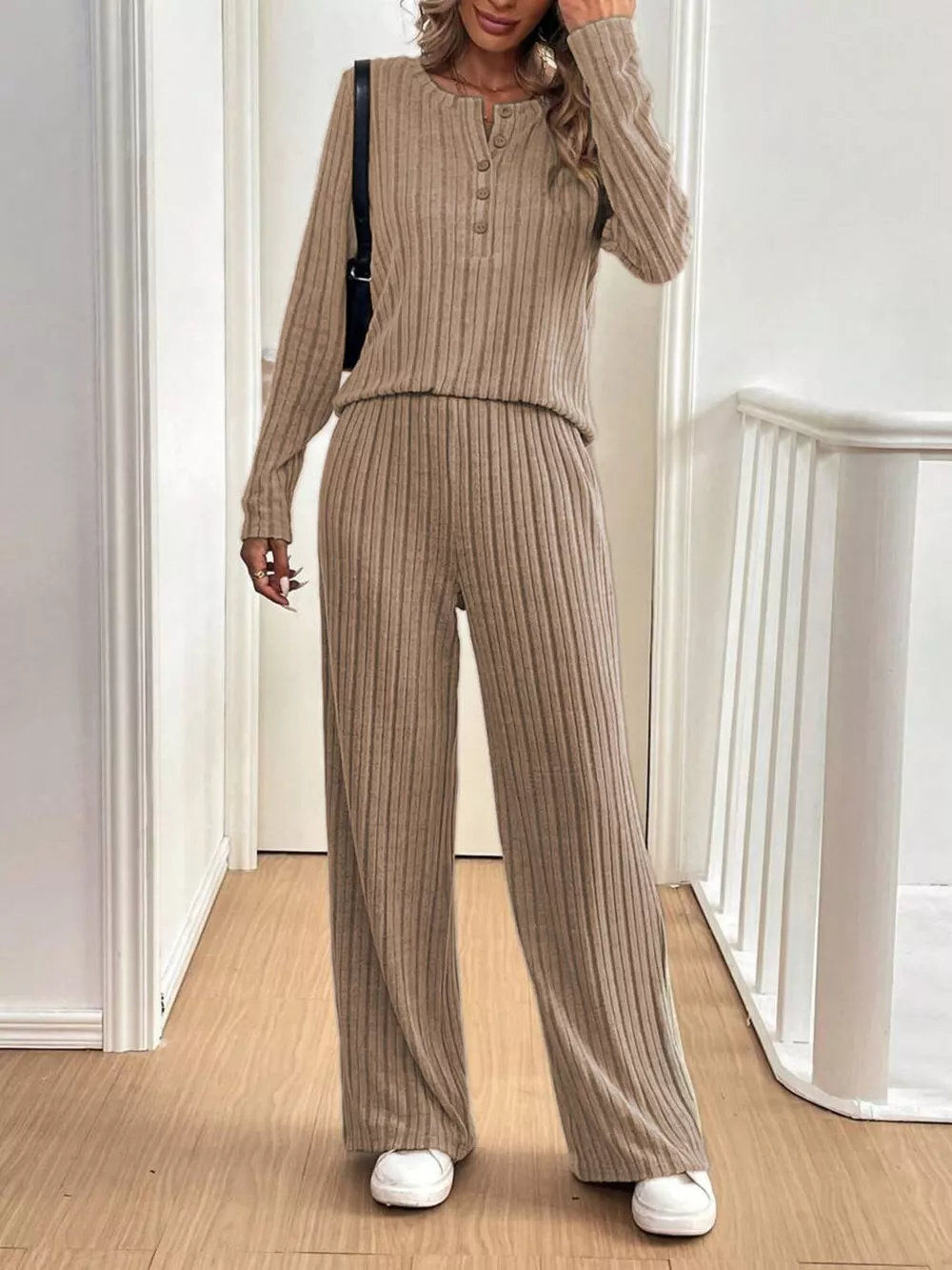 Button Detail Long Sleeve Top and Pants Set, image 8