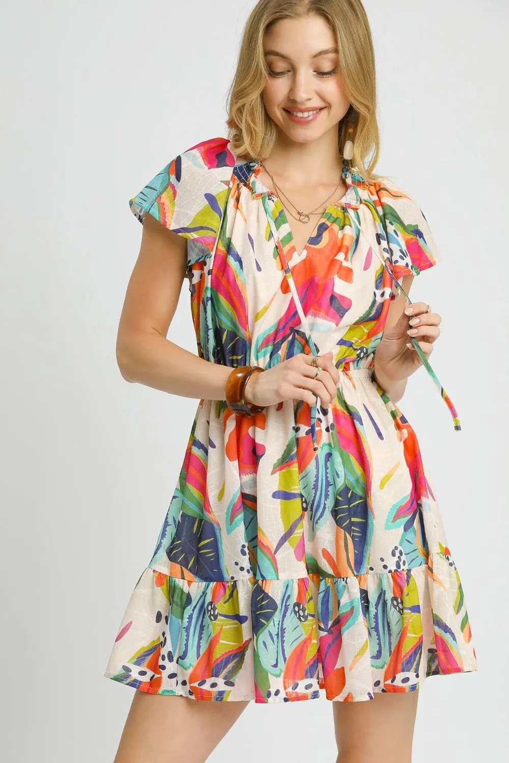 Printed Tie Neck Ruffled Hem Dress, image 2