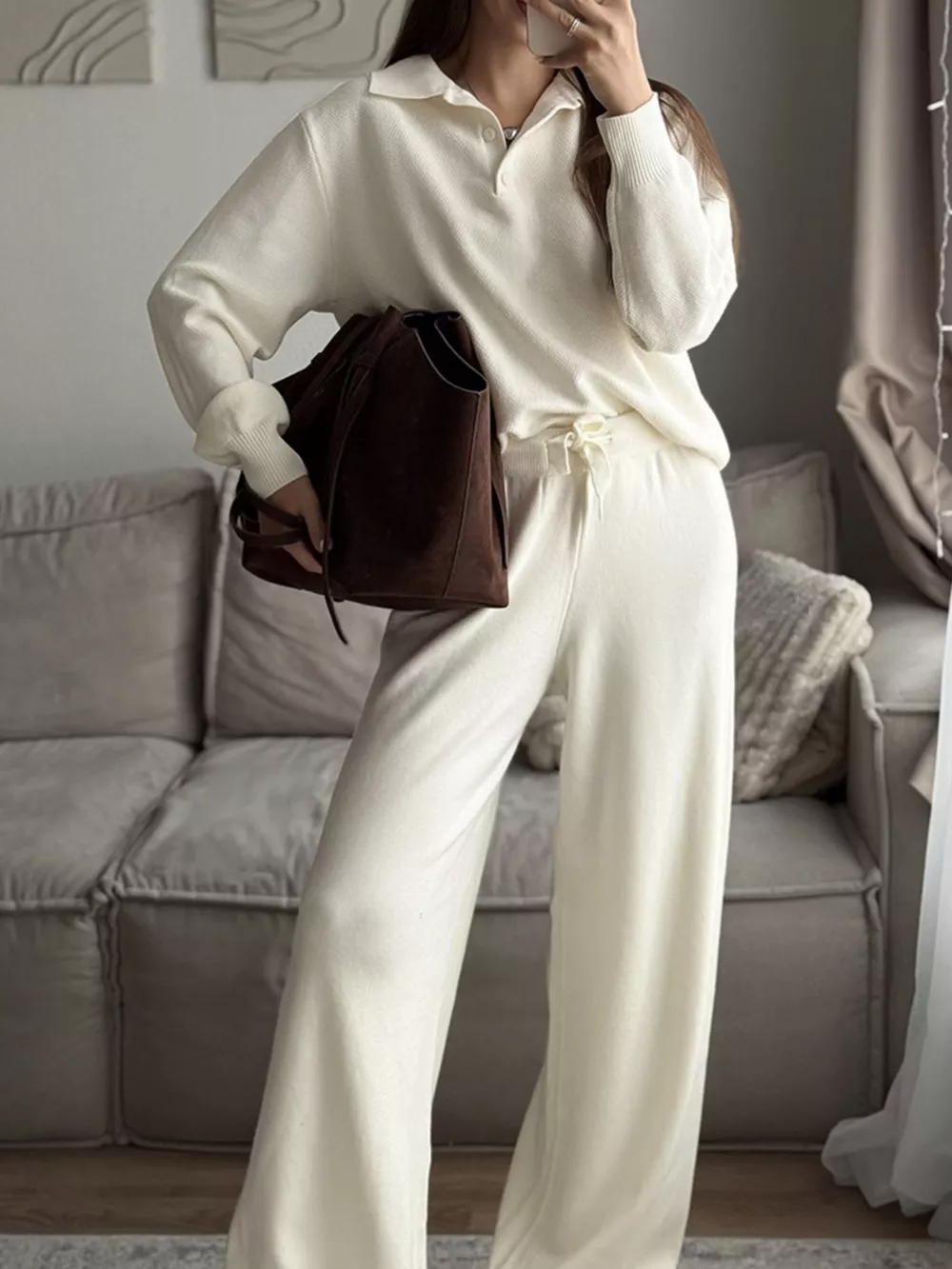 Polo Collar Top and Pants or Skirt Knit Set, image 6
