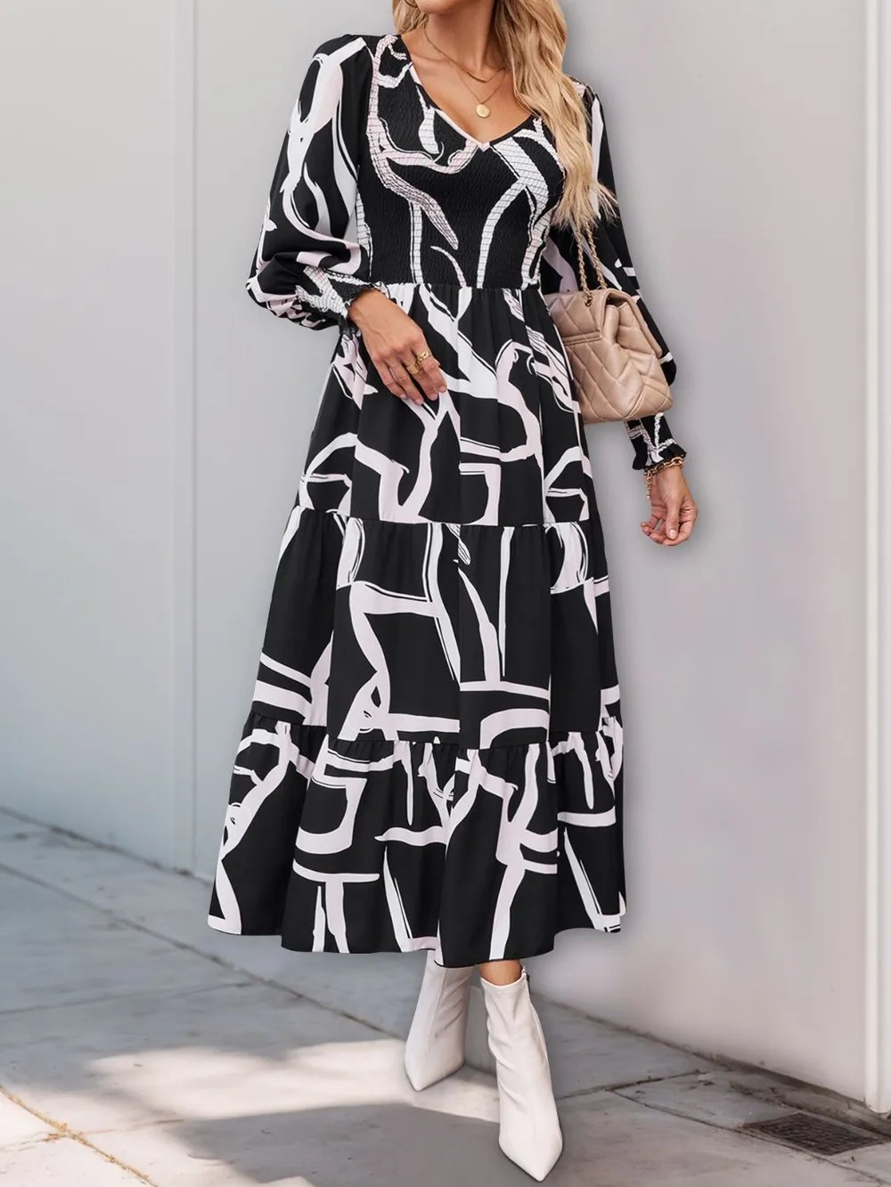 Smocked Printed Long Sleeve Midi Dress, image 6